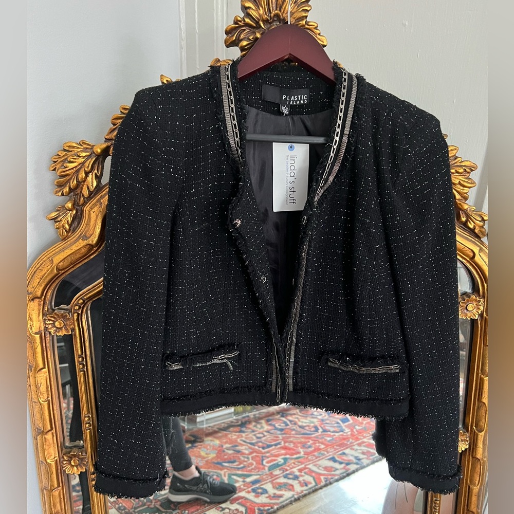 Plastic Island Black Metallic detail black boucle blazer size small